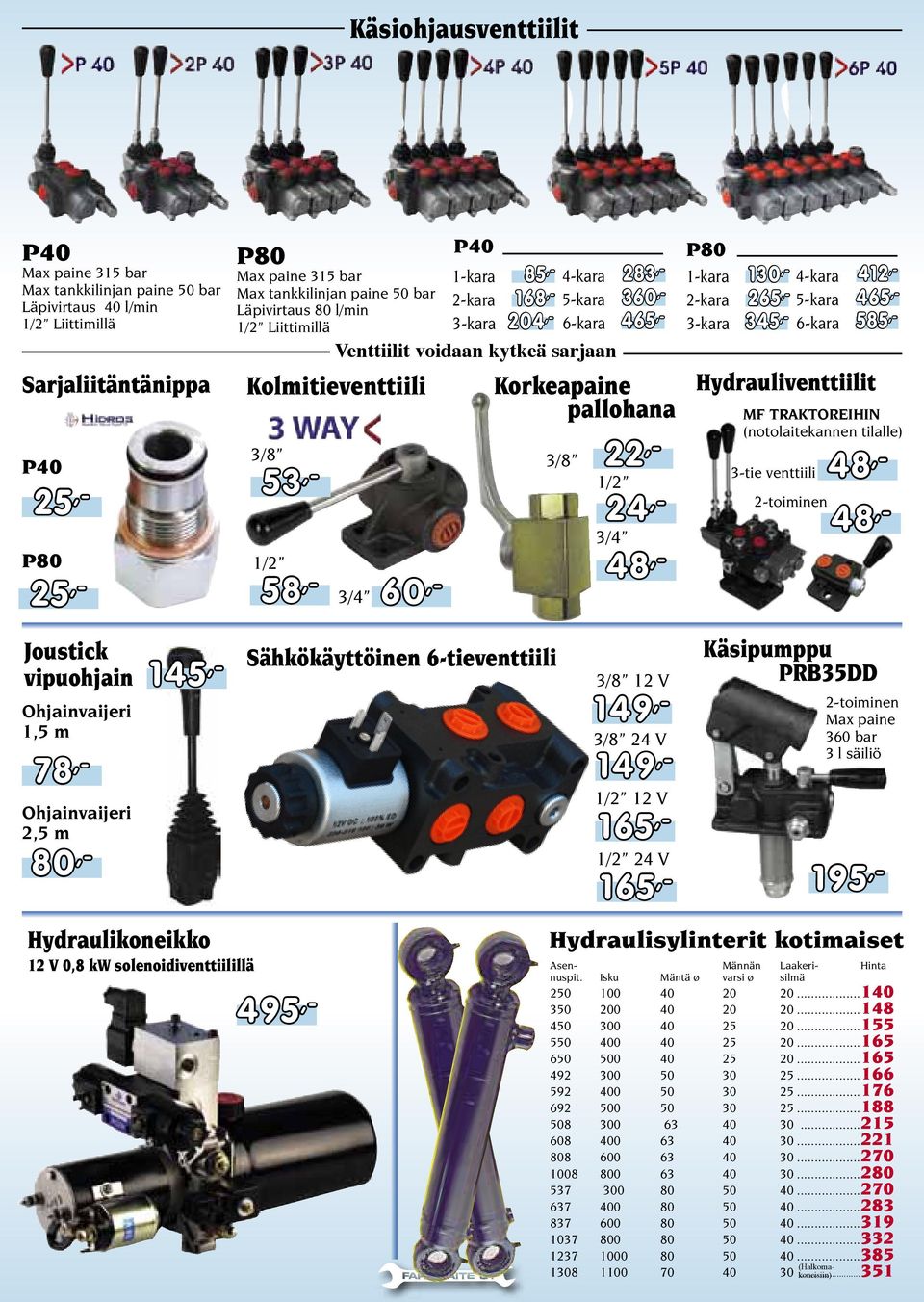 Korkeapaine pallohana 3/8 22,- 1/2 24,- 3/4 48,- P80 1-kara 2-kara 3-kara 130,- 265,- 345,- 4-kara 5-kara 6-kara Hydrauliventtiilit 412,- 465,- 585,- MF TRAKTOREIHIN (notolaitekannen tilalle) 3-tie