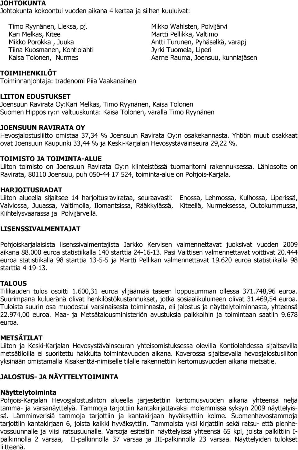 Aarne Rauma, Joensuu, kunniajäsen TOIMIHENKILÖT Toiminnanjohtaja: tradenomi Piia Vaakanainen LIITON EDUSTUKSET Joensuun Ravirata Oy:Kari Melkas, Timo Ryynänen, Kaisa Tolonen Suomen Hippos ry:n