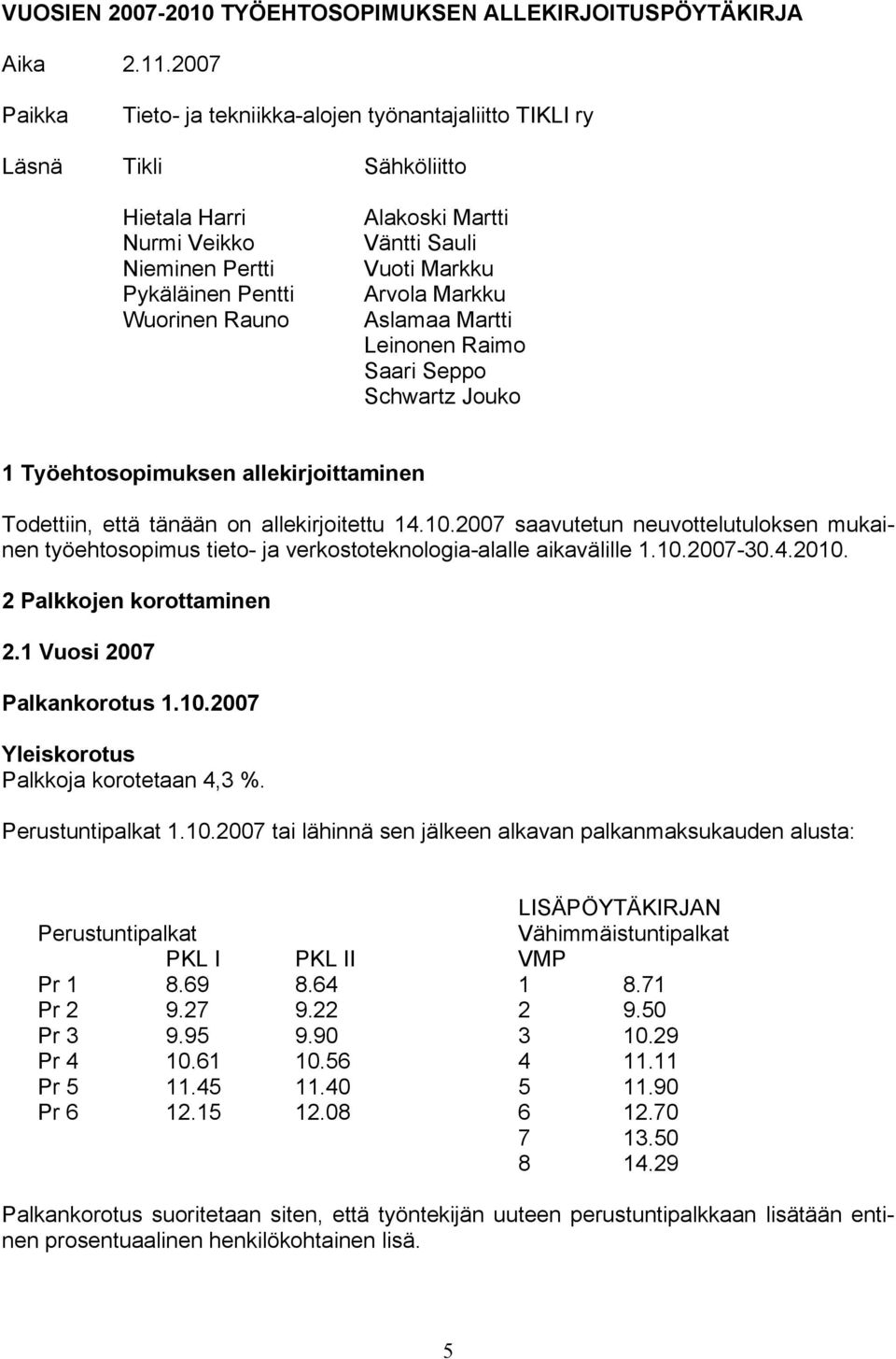 Markku Arvola Markku Aslamaa Martti Leinonen Raimo Saari Seppo Schwartz Jouko 1 Työehtosopimuksen allekirjoittaminen Todettiin, että tänään on allekirjoitettu 14.10.