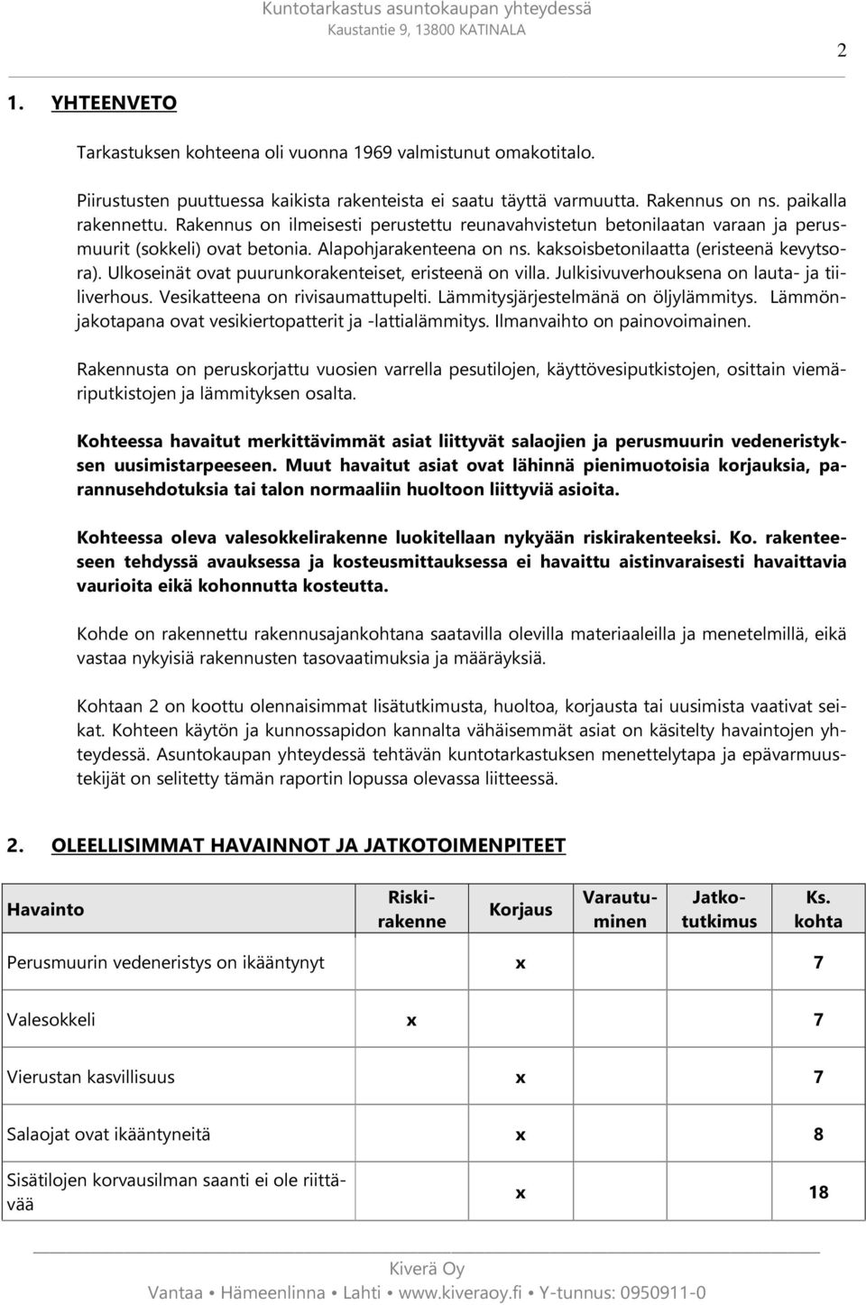 Ulkoseinät ovat puurunkorakenteiset, eristeenä on villa. Julkisivuverhouksena on lauta- ja tiiliverhous. Vesikatteena on rivisaumattupelti. Lämmitysjärjestelmänä on öljylämmitys.