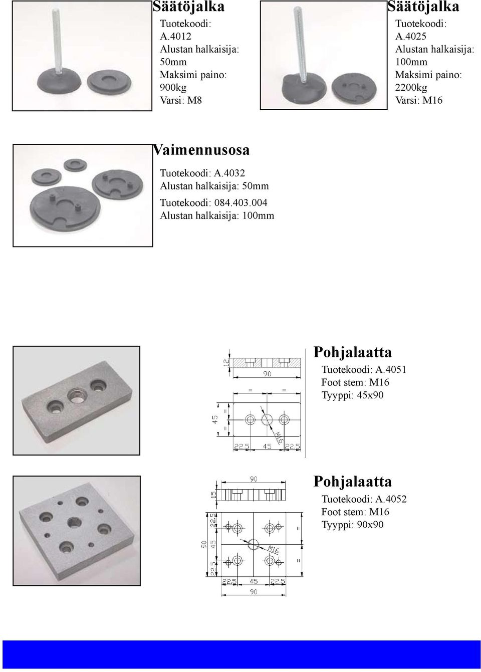 paino: 2200kg Varsi: M16 Vaimennusosa Tuotekoodi: A.4032 Alustan halkaisija: 50mm Tuotekoodi: 084.