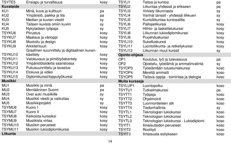 Valokuvaus ja pimiötyöskentely kosy TSYKU12 Ympäristötaidetta saaristossa kosy TSYKU13 Pukusuunnittelu ja lavastus kosy TSYKU14 Elokuva ja video kosy TSYKU15 Diplomikurssi/lopputyökurssi kosy