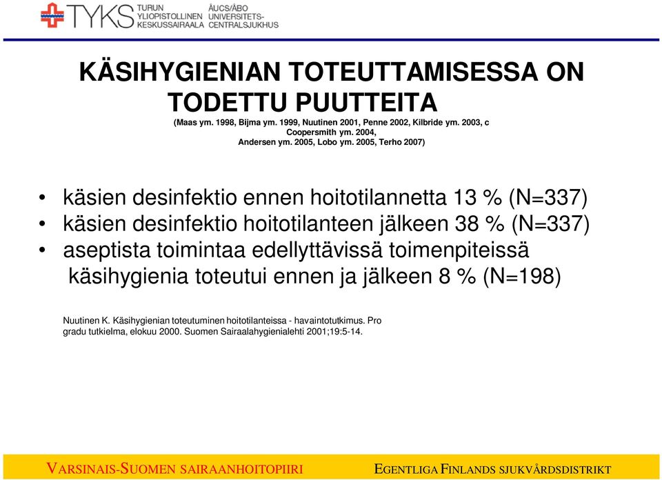 2005, Terho 2007) käsien desinfektio ennen hoitotilannetta 13 % (N=337) käsien desinfektio hoitotilanteen jälkeen 38 % (N=337) aseptista