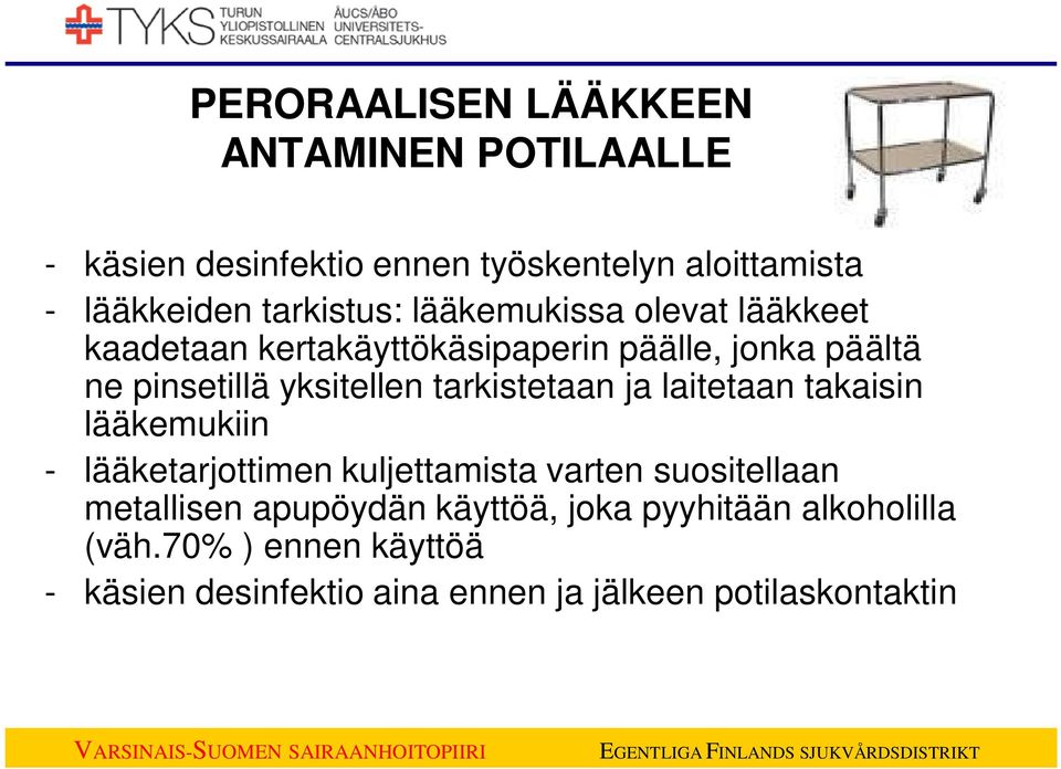 yksitellen tarkistetaan ja laitetaan takaisin lääkemukiin - lääketarjottimen kuljettamista varten suositellaan