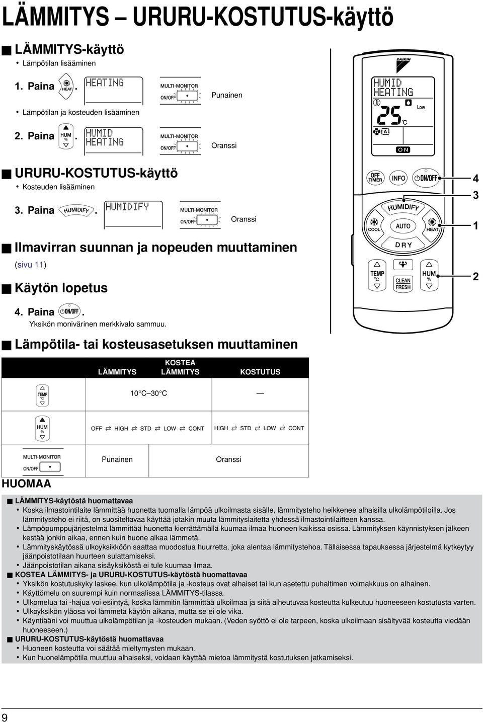 Lämpötila- tai kosteusasetuksen muuttaminen LÄMMITYS KOSTEA LÄMMITYS KOSTUTUS 0 C 30 C Punainen Oranssi HUOMAA LÄMMITYS-käytöstä huomattavaa Koska ilmastointilaite lämmittää huonetta tuomalla lämpöä