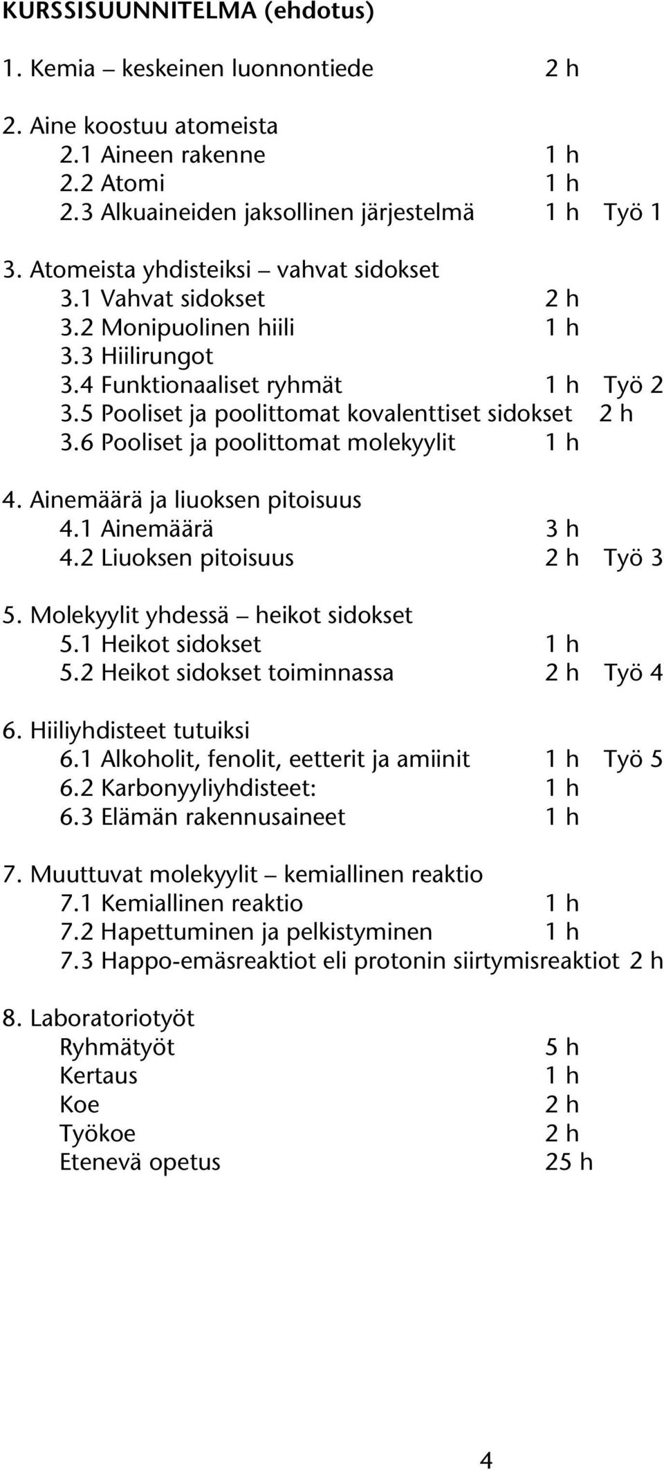 6 Pooliset ja poolittomat ekyylit 1 h 4. Ainemäärä ja liuoksen pitoisuus 4.1 Ainemäärä 3 h 4.2 Liuoksen pitoisuus 2 h Työ 3 5. Molekyylit yhdessä heikot sidokset 5.1 eikot sidokset 1 h 5.