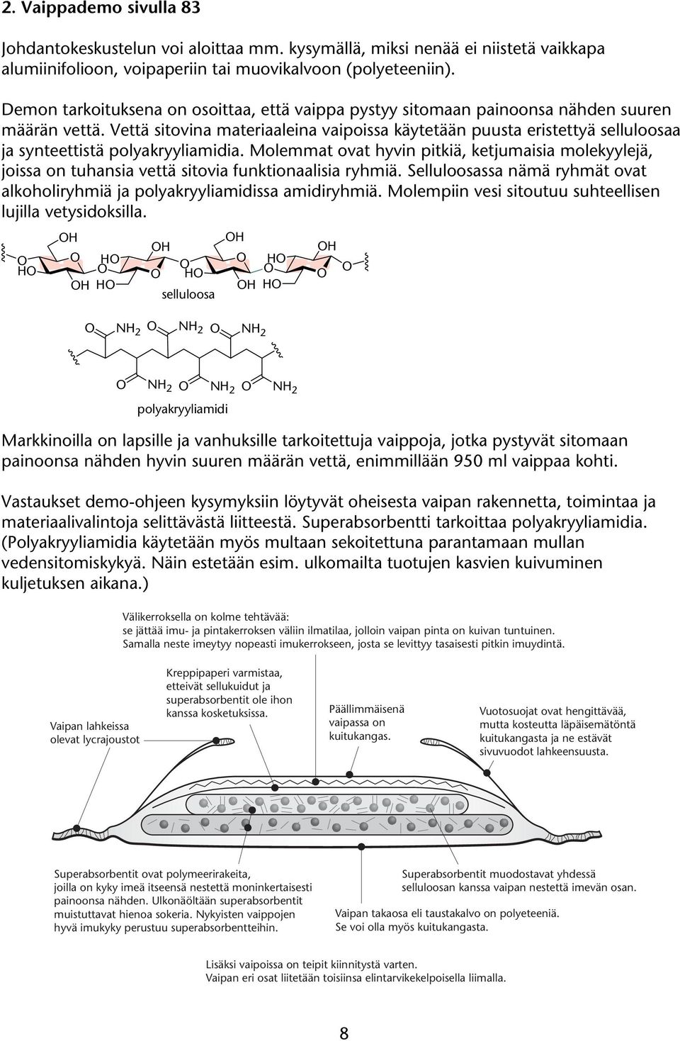 Vettä sitovina materiaaleina vaipoissa käytetään puusta eristettyä selluloosaa ja synteettistä polyakryyliamidia.