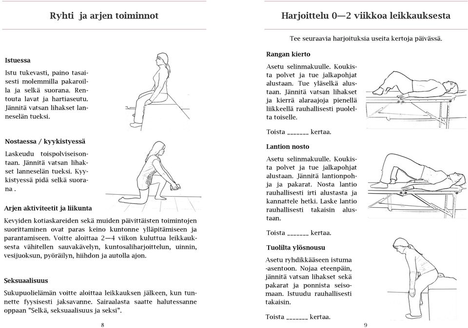 Jännitä vatsan lihakset ja kierrä alaraajoja pienellä liikkeellä rauhallisesti puolelta toiselle. Nostaessa / kyykistyessä Laskeudu toispolviseisontaan. Jännitä vatsan lihakset lanneselän tueksi.