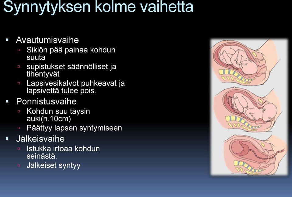 lapsivettä tulee pois. Ponnistusvaihe Kohdun suu täysin auki(n.