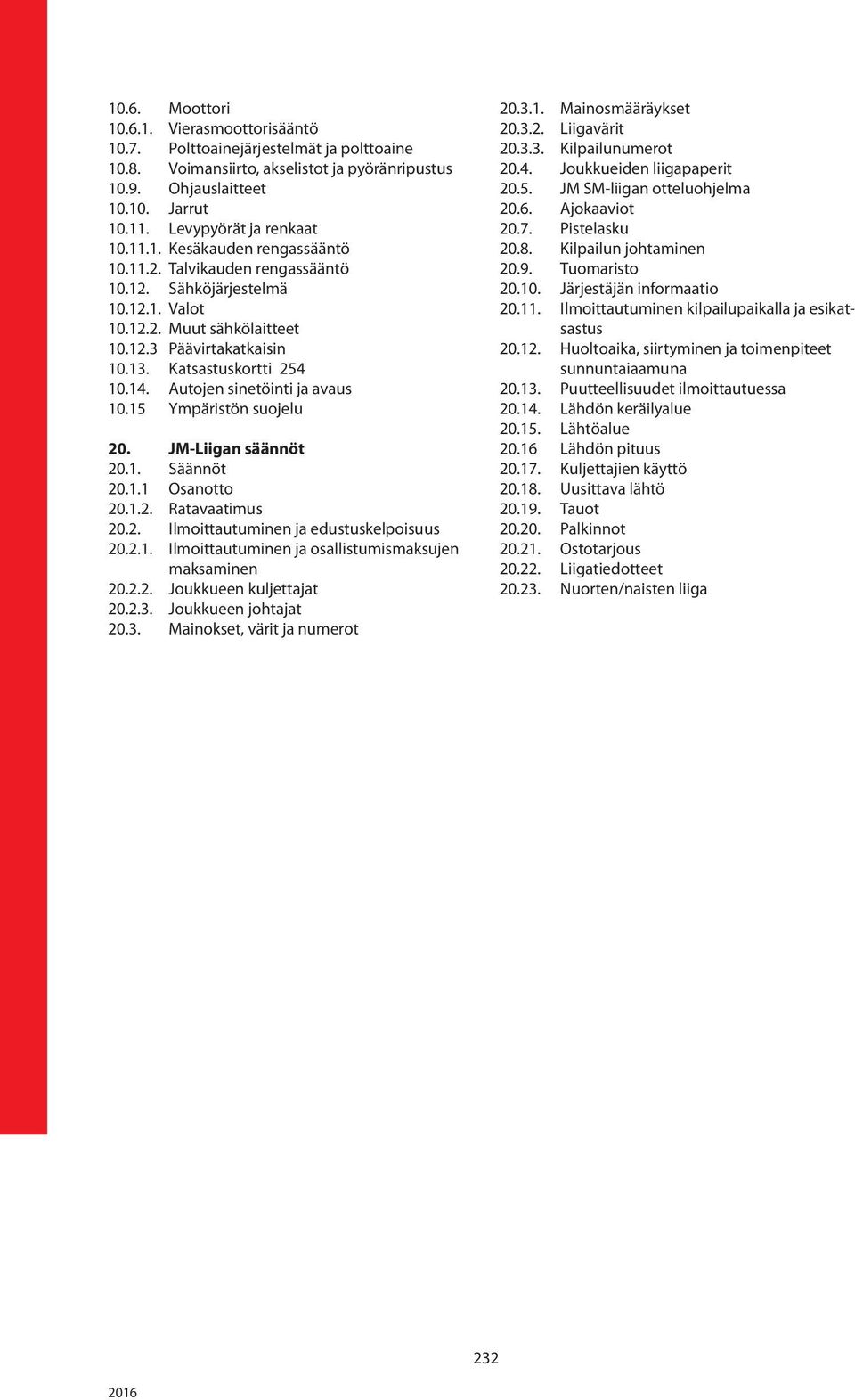 Katsastuskortti 254 10.14. Autojen sinetöinti ja avaus 10.15 Ympäristön suojelu 20. JM-Liigan säännöt 20.1. Säännöt 20.1.1 Osanotto 20.1.2. Ratavaatimus 20.2. Ilmoittautuminen ja edustuskelpoisuus 20.