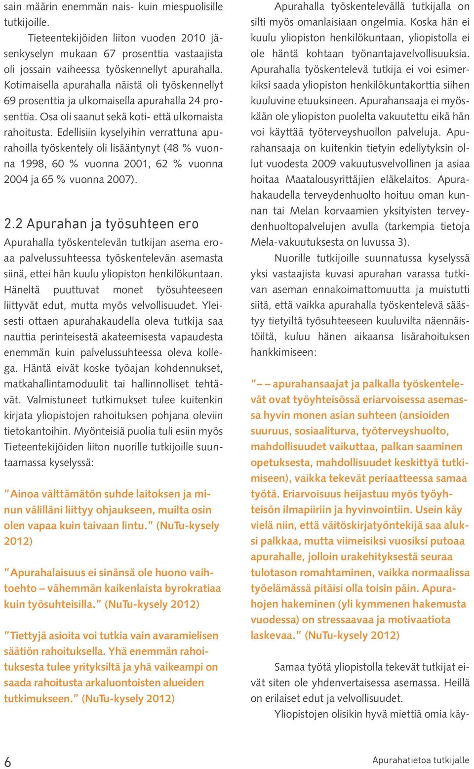 Edellisiin kyselyihin verrattuna apurahoilla työskentely oli lisääntynyt (48 % vuonna 1998, 60 % vuonna 20