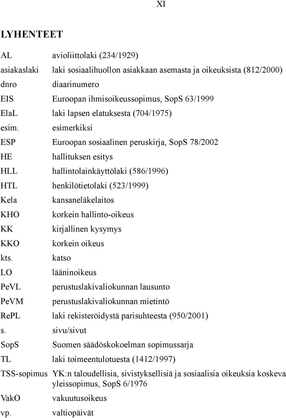 esimerkiksi ESP Euroopan sosiaalinen peruskirja, SopS 78/2002 HE hallituksen esitys HLL hallintolainkäyttölaki (586/1996) HTL henkilötietolaki (523/1999) Kela KHO KK KKO kts.