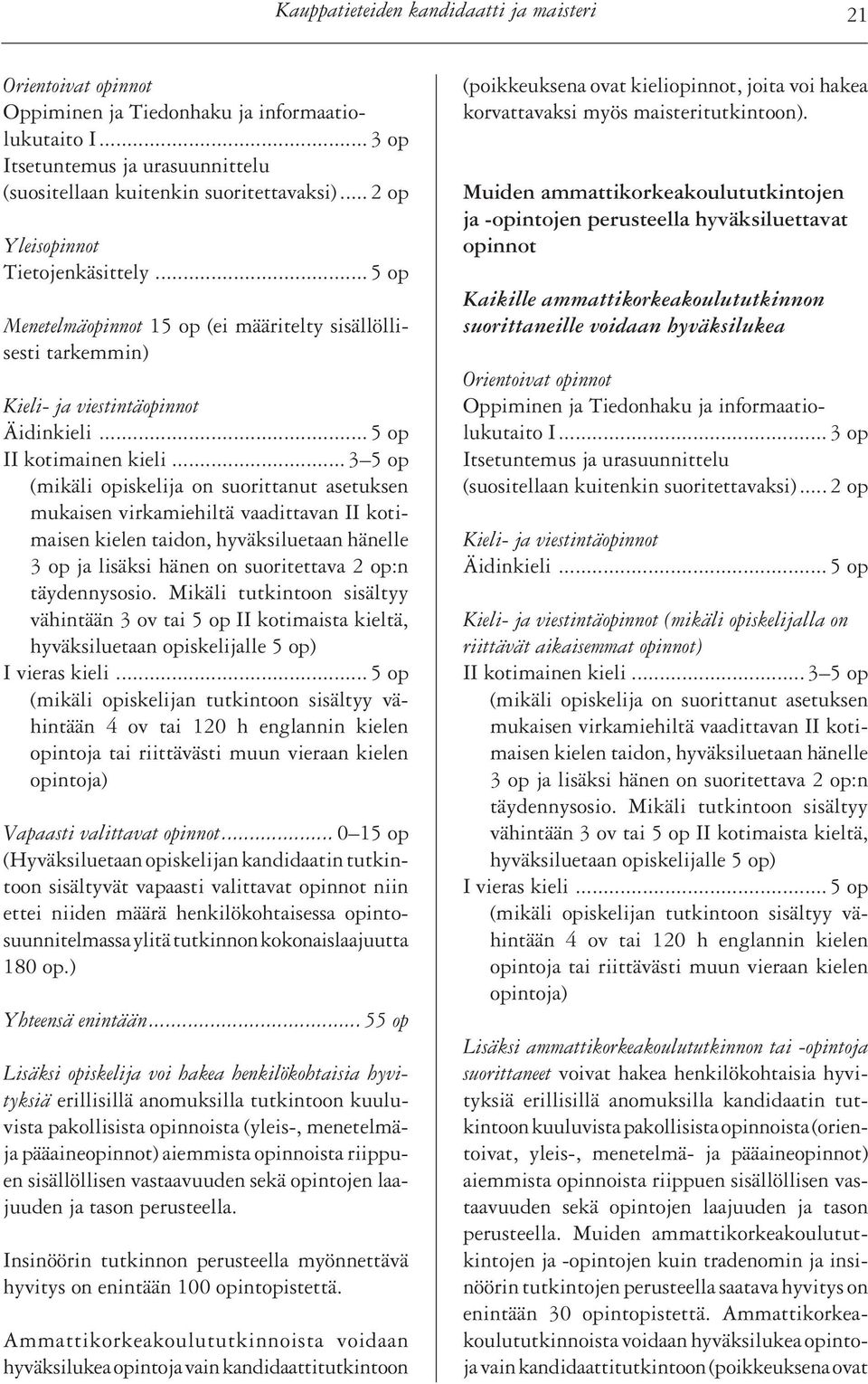 .. 3 5 op (mikäli opiskelija on suorittanut asetuksen mukaisen virkamiehiltä vaadittavan II kotimaisen kielen taidon, hyväksiluetaan hänelle 3 op ja lisäksi hänen on suoritettava 2 op:n täydennysosio.