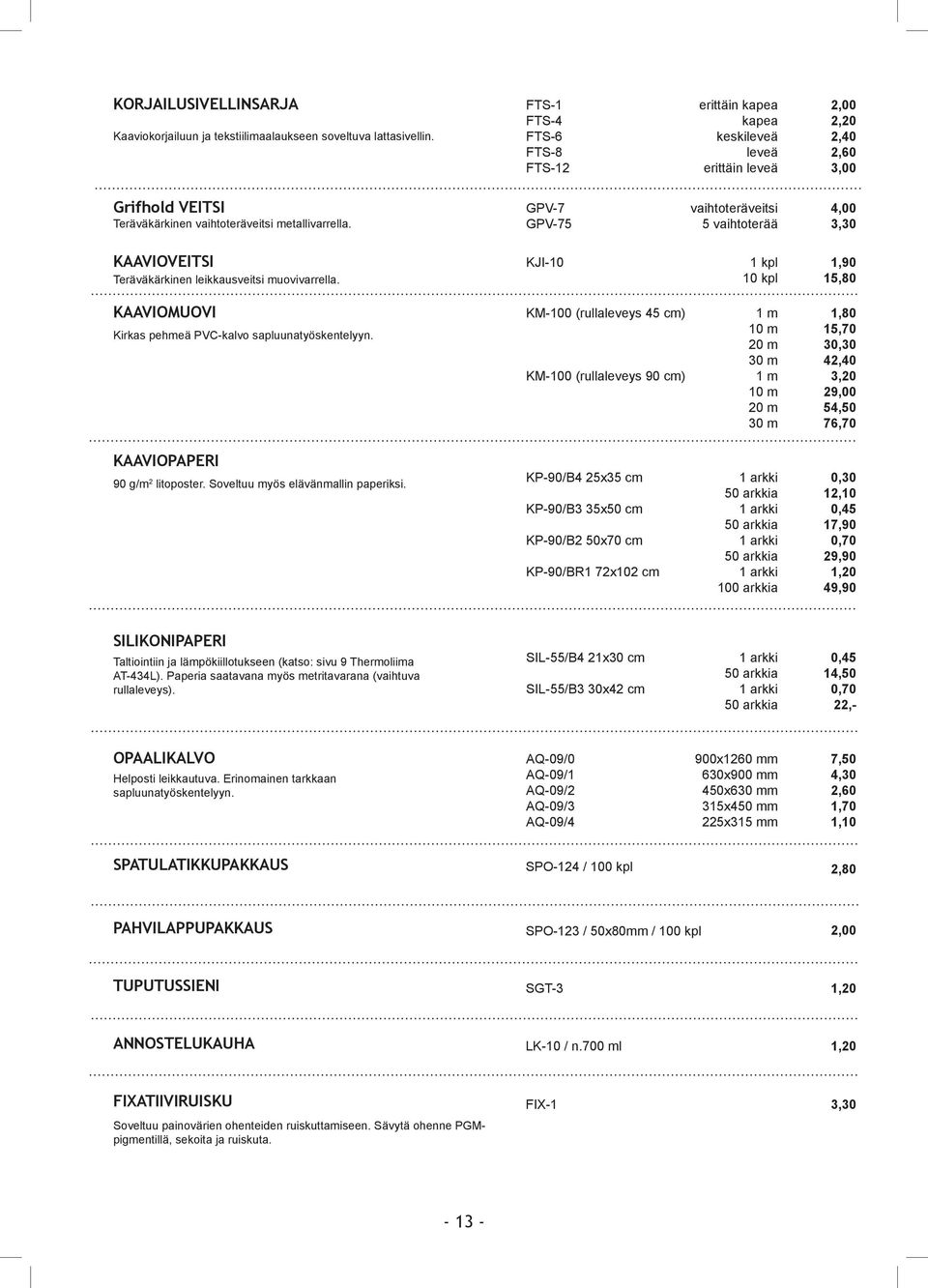 GPV-75 5 vaihtoterää 3,30 KAAVIOVEITSI KJI-10 1 kpl 1,90 Teräväkärkinen leikkausveitsi muovivarrella.