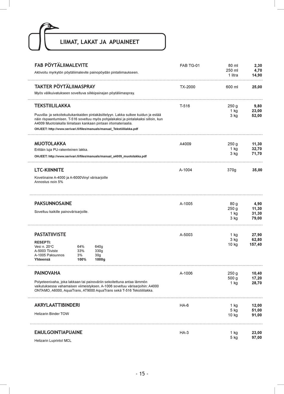 TEKSTIILILAKKA T-516 250 g 9,80 1 kg 23,00 Puuvilla- ja sekoitekuitukankaiden pintakäsittelyyn. Lakka sulkee kuidun ja estää näin rispaantumisen.