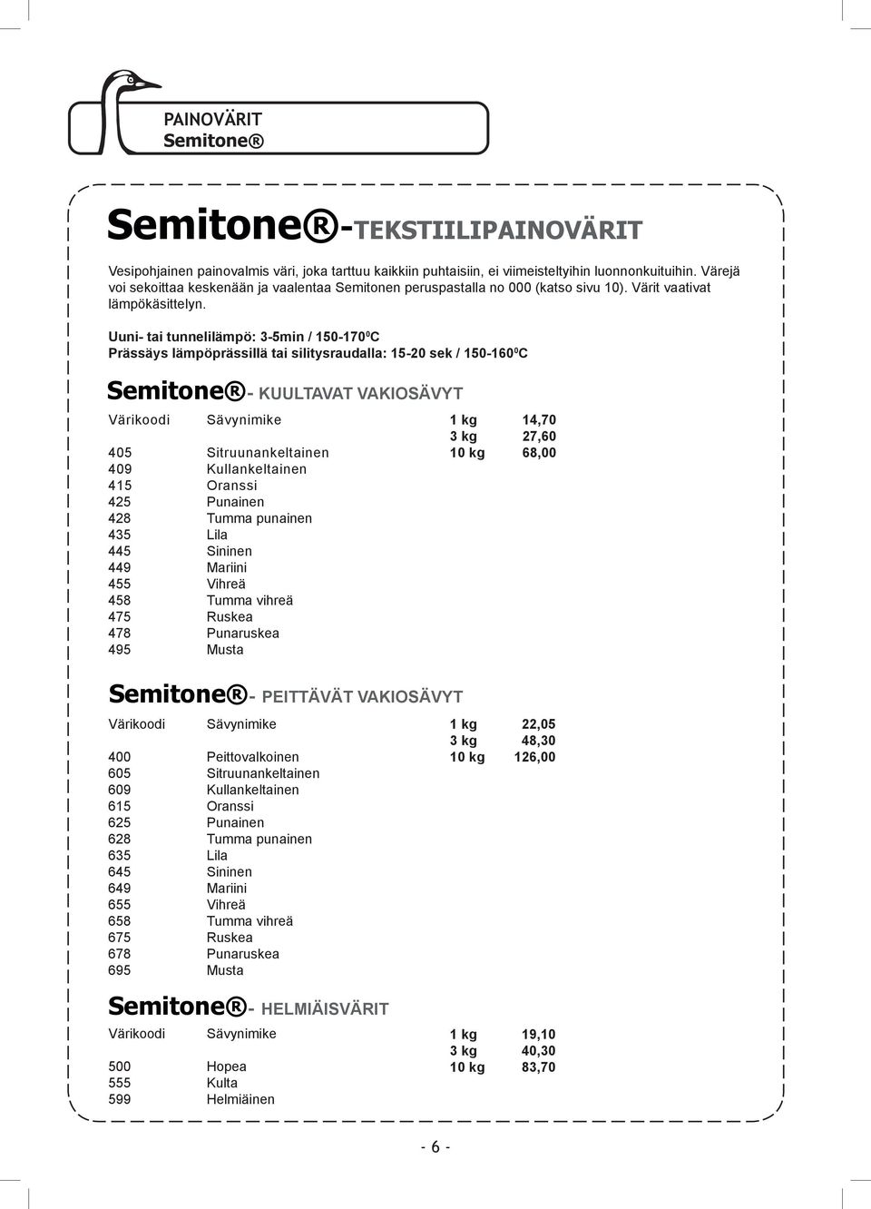 Uuni- tai tunnelilämpö: 3-5min / 150-170 0 C Prässäys lämpöprässillä tai silitysraudalla: 15-20 sek / 150-160 0 C Semitone - KUULTAVAT VAKIOSÄVYT Värikoodi Sävynimike 405 Sitruunankeltainen 409