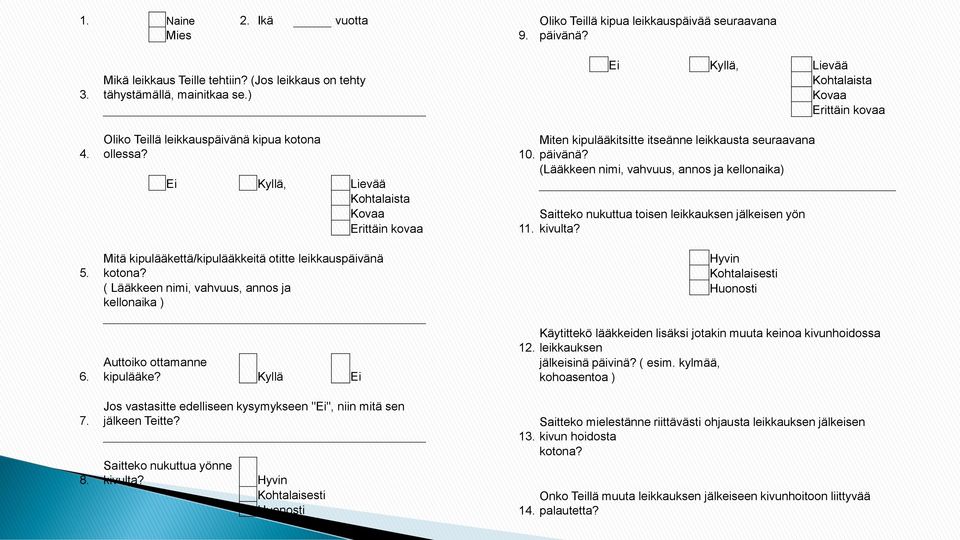 ( Lääkkeen nimi, vahvuus, annos ja kellonaika ) 10. 11. Ei Kyllä, Lievää Kohtalaista Kovaa Erittäin kovaa Miten kipulääkitsitte itseänne leikkausta seuraavana päivänä?