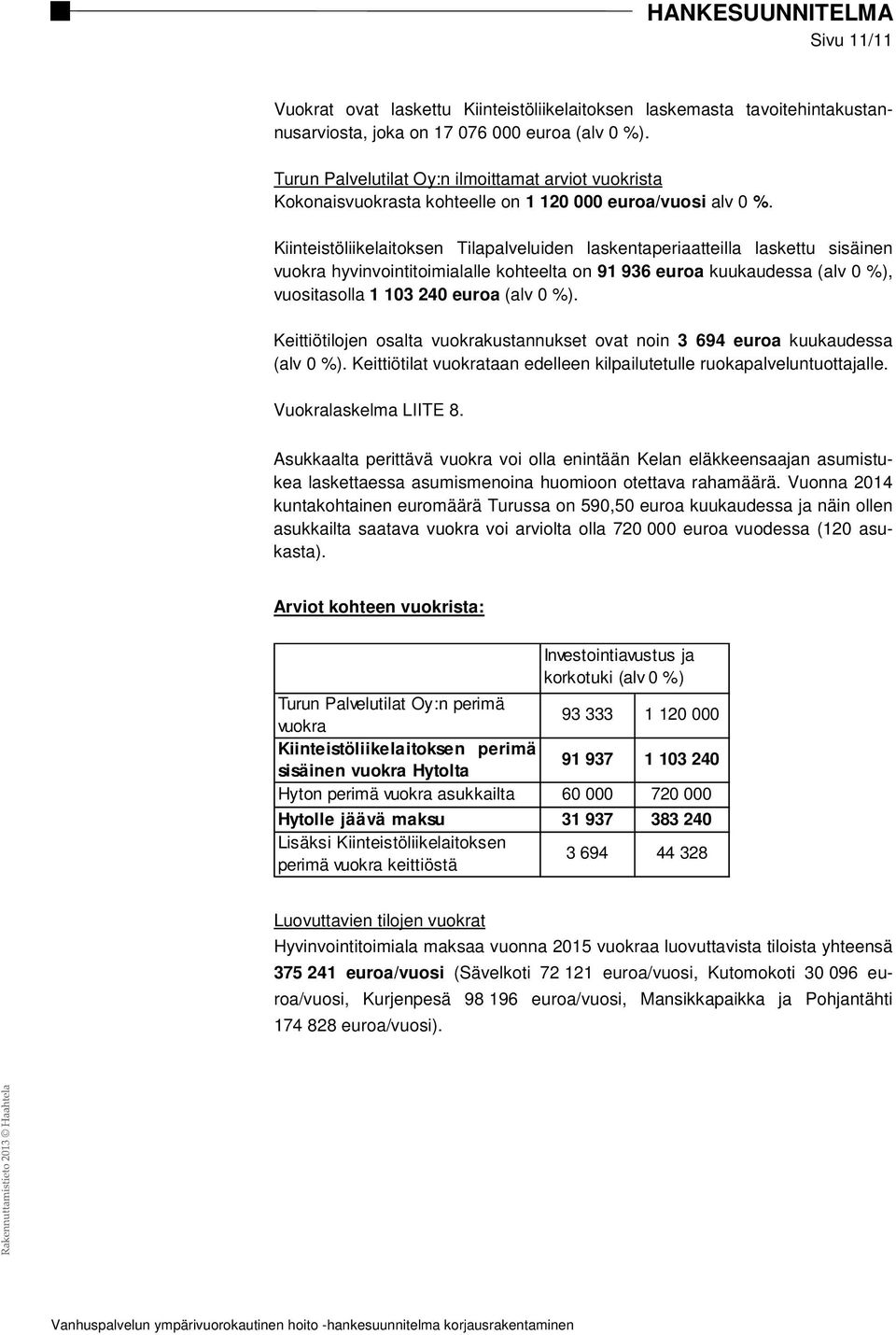 Kiinteistöliikelaitoksen Tilapalveluiden laskentaperiaatteilla laskettu sisäinen vuokra hyvinvointitoimialalle kohteelta on 91 936 euroa kuukaudessa (alv 0 %), vuositasolla 1 103 240 euroa (alv 0 %).