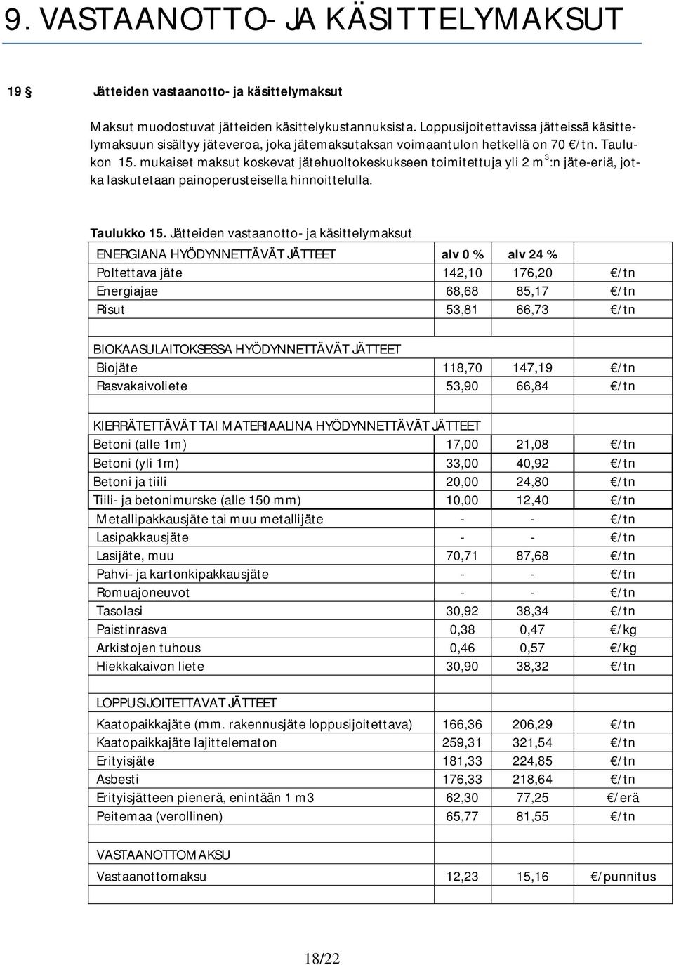 mukaiset maksut koskevat jätehuoltokeskukseen toimitettuja yli 2 m 3 :n jäte-eriä, jotka laskutetaan painoperusteisella hinnoittelulla. Taulukko 15.