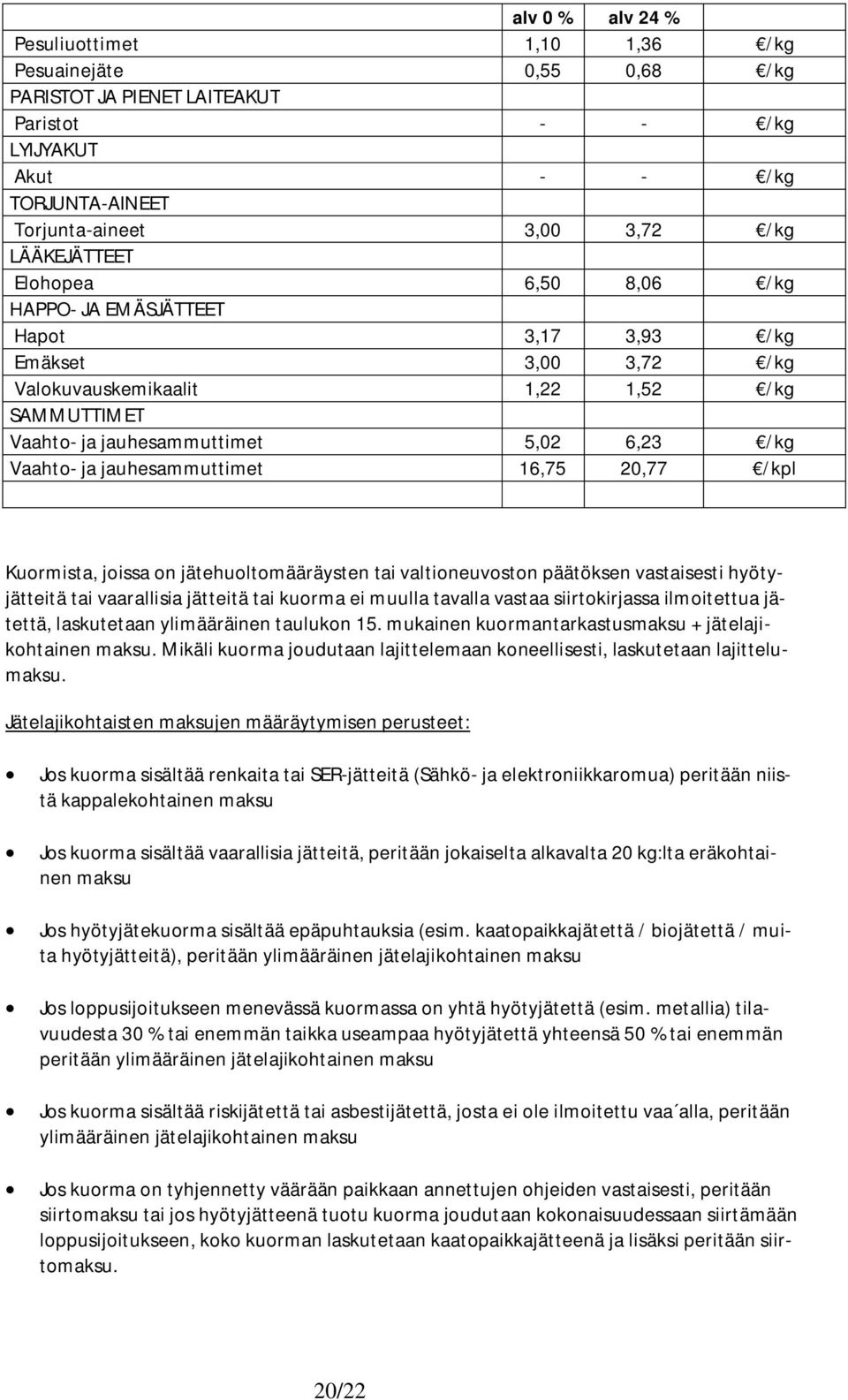 jauhesammuttimet 16,75 20,77 /kpl Kuormista, joissa on jätehuoltomääräysten tai valtioneuvoston päätöksen vastaisesti hyötyjätteitä tai vaarallisia jätteitä tai kuorma ei muulla tavalla vastaa