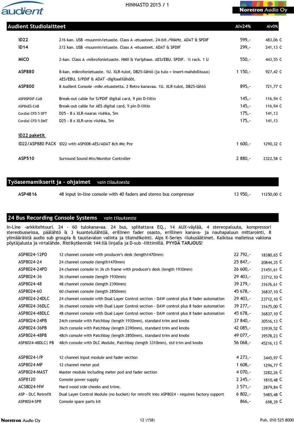 XLR-tulot, DB25-lähtö (ja tulo = insert-mahdollisuus) 1 150,- 927,42 C AES/EBU, S/PDIF & ADAT -digitaalilähdöt. ASP800 8 Audient Console -mikr.etuastetta. 2 Retro kanavaa. 1U.