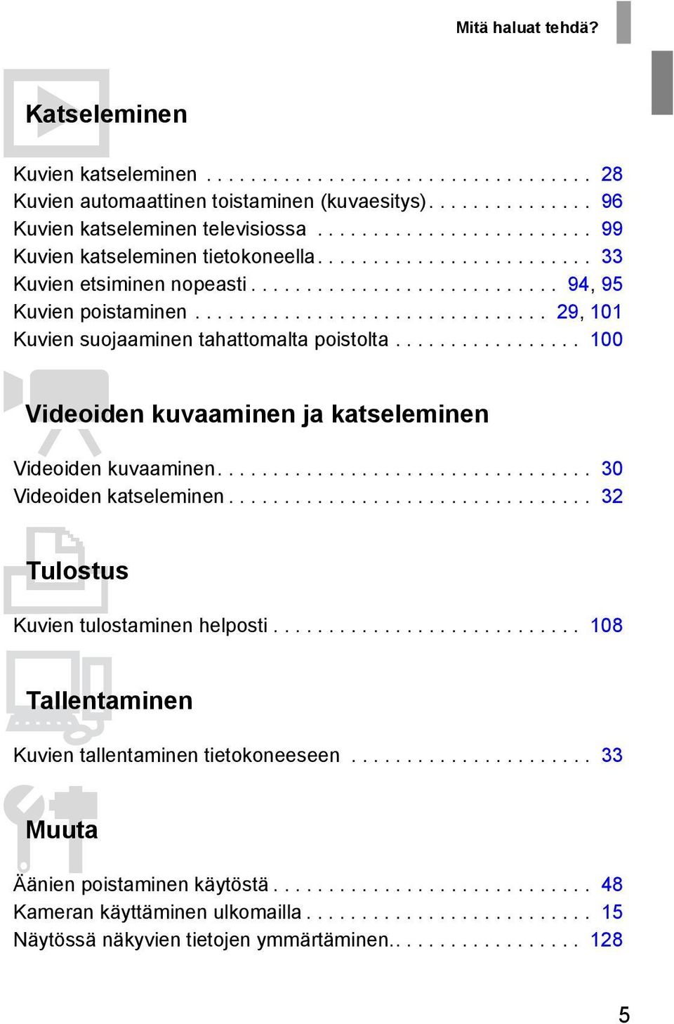 ............................... 29, 101 Kuvien suojaaminen tahattomalta poistolta................. 100 EVideoiden kuvaaminen ja katseleminen Videoiden kuvaaminen.................................. 30 Videoiden katseleminen.