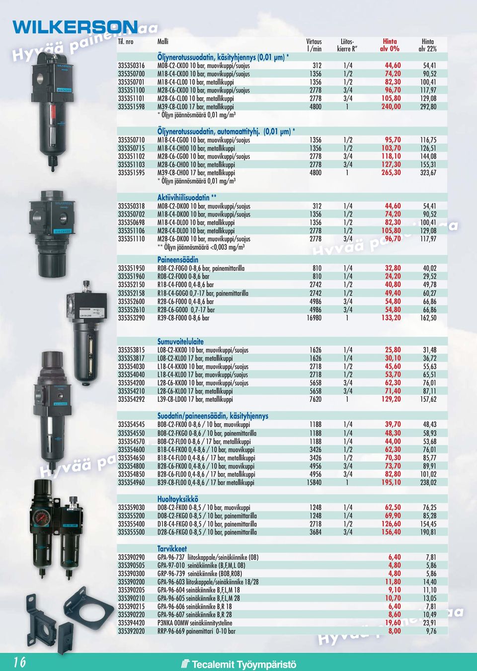 335351101 M28-C6-CL00 10 bar, metallikuppi 2778 3/4 105,80 129,08 335351598 M39-C8-CL00 17 bar, metallikuppi 4800 1 240,00 292,80 * Öljyn jäännösmäärä 0,01 mg/m³ Öljynerotussuodatin, automaattityhj.