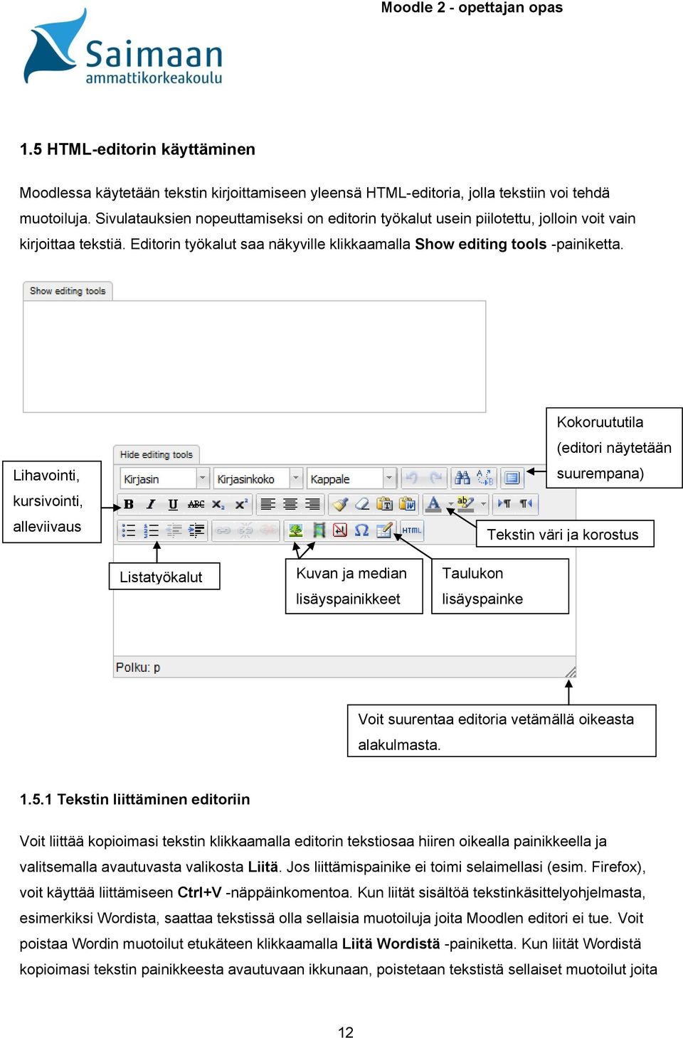 Lihavointi, kursivointi, alleviivaus Kokoruututila (editori näytetään suurempana) Tekstin väri ja korostus Listatyökalut Kuvan ja median lisäyspainikkeet Taulukon lisäyspainke Voit suurentaa editoria