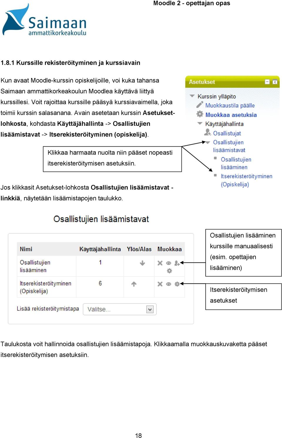 Avain asetetaan kurssin Asetuksetlohkosta, kohdasta Käyttäjähallinta -> Osallistujien lisäämistavat -> Itserekisteröityminen (opiskelija).