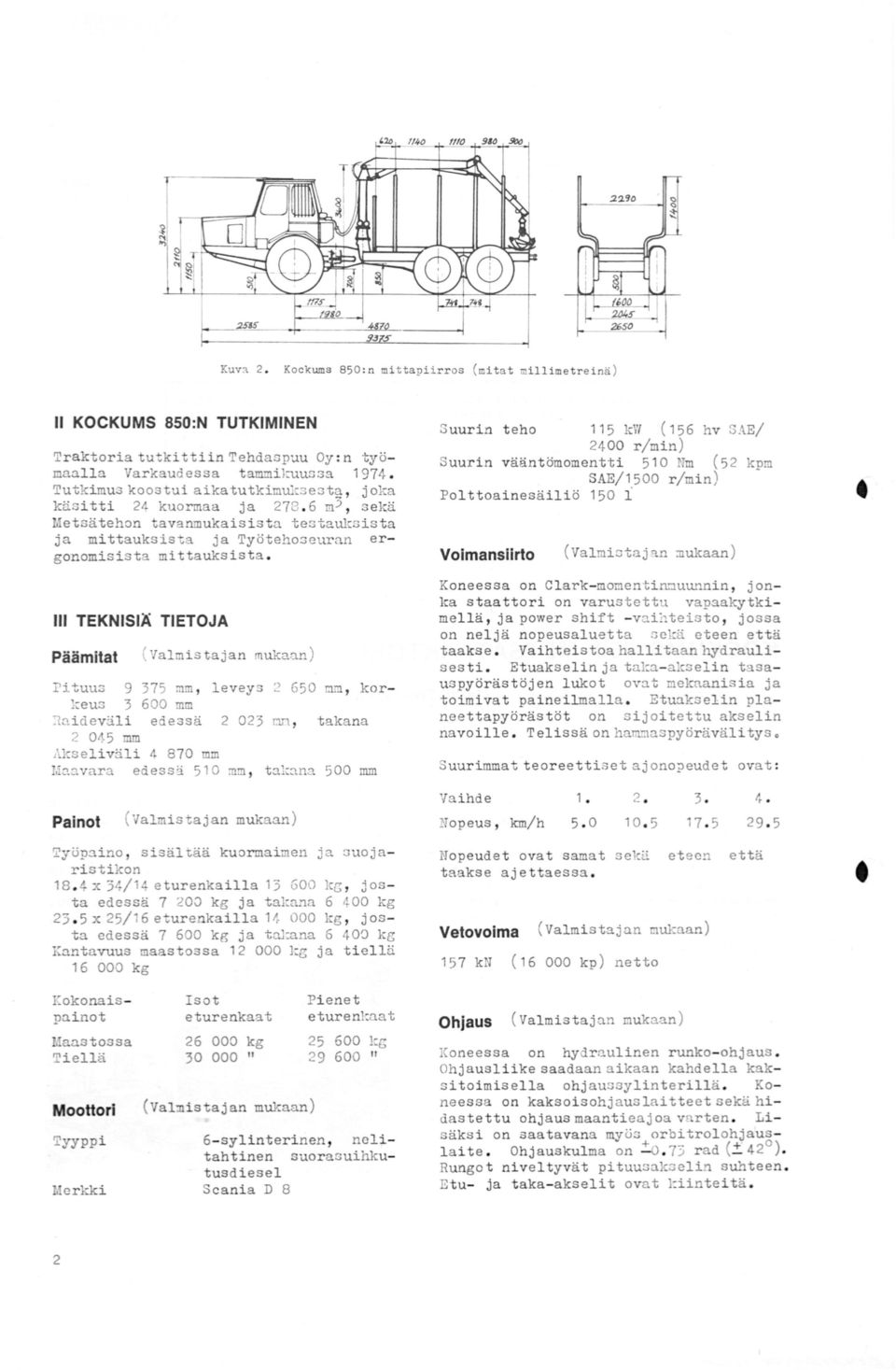 111 TEKNISIÄ TIETOJA Päämitat ( Valmi s tajan mukaan) rituus 9 375 mm, leveys 2 650 n~, kork eus 3 600 mm ~n i devä li edessä 2 023 cm, t a ka na 2 045 mm i kseliväli 4 8 70 mm.