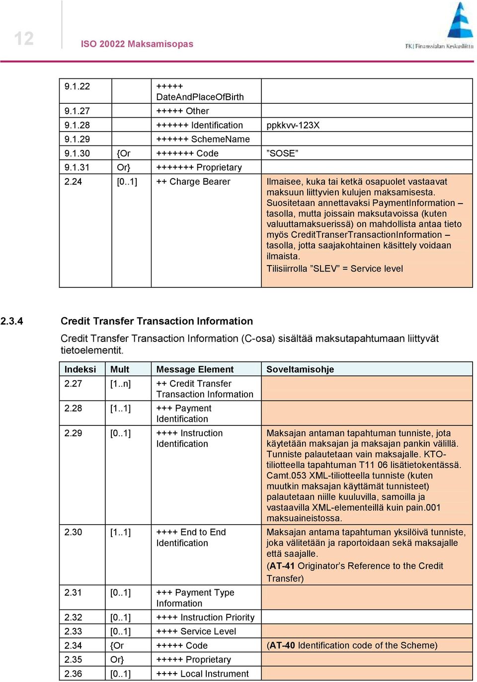 Suositetaan annettavaksi PaymentInformation tasolla, mutta joissain maksutavoissa (kuten valuuttamaksuerissä) on mahdollista antaa tieto myös CreditTranserTransactionInformation tasolla, jotta