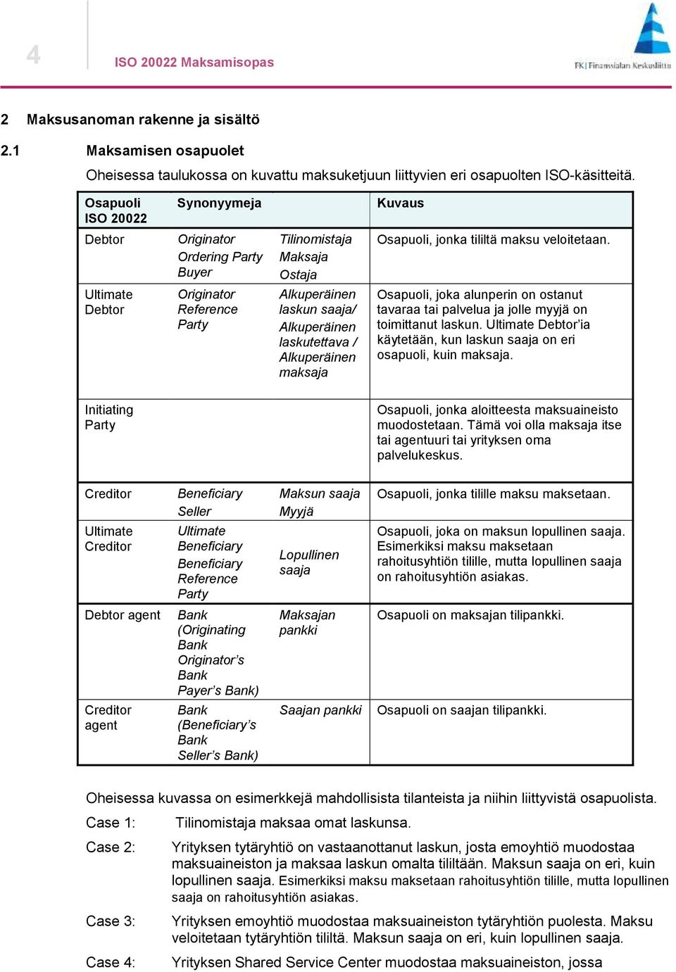 Ultimate Debtor Originator Reference Party Alkuperäinen laskun saaja/ Alkuperäinen laskutettava / Alkuperäinen maksaja Osapuoli, joka alunperin on ostanut tavaraa tai palvelua ja jolle myyjä on