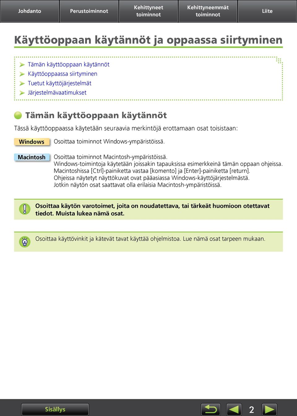 Windows-toimintoja käytetään joissakin tapauksissa esimerkkeinä tämän oppaan ohjeissa. Macintoshissa [Ctrl]-painiketta vastaa [komento] ja [Enter]-painiketta [return].