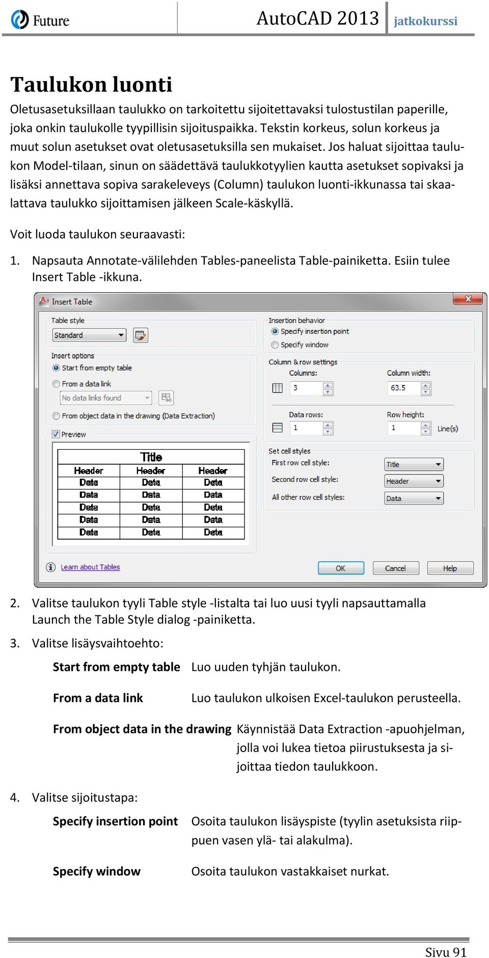 Jos haluat sijoittaa taulukon Model-tilaan, sinun on säädettävä taulukkotyylien kautta asetukset sopivaksi ja lisäksi annettava sopiva sarakeleveys (Column) taulukon luonti-ikkunassa tai skaalattava