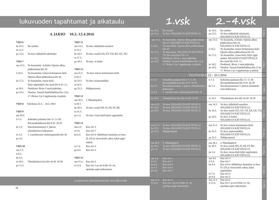 Tanssit Kattilahallissa klo 13 ja 17. Rivien 2 ja 3 oppitunteja ei pidetä. VKO 8 Talviloma 22.2. 26.2. 2016 VKO 9 ma 29.2. ti 1.3. Kokeiden palautus klo 11 11.30, ke 2.3. Kuvataidelukiossa klo 9.