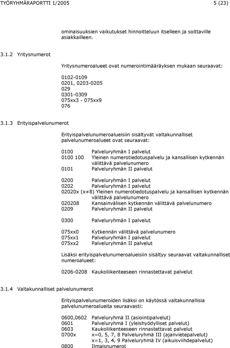 kansallisen kytkennän välittävä palvelunumero 0101 Palveluryhmän II palvelut 0200 Palveluryhmän I palvelut 0202 Palveluryhmän I palvelut 02020x (x 8) Yleinen numerotiedotuspalvelu ja kansallisen