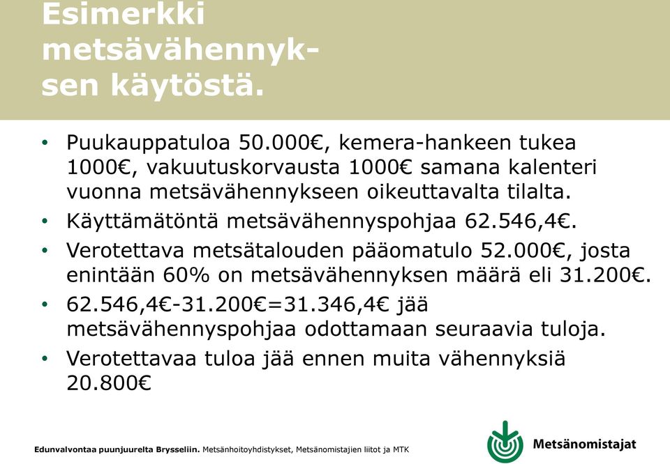 tilalta. Käyttämätöntä metsävähennyspohjaa 62.546,4. Verotettava metsätalouden pääomatulo 52.