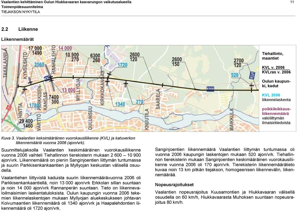 Vaalantien keksimääräinen vuorokausiliikenne (KVL) ja katuverkon liikennemääriä vuonna 2006 (ajon/vrk).