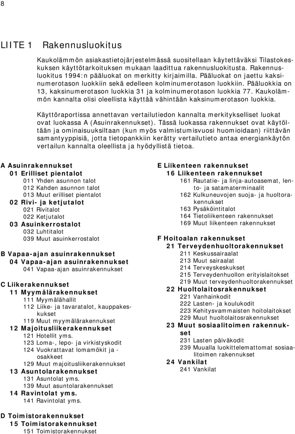 Pääluokkia on 13, kaksinumerotason luokkia 31 ja kolminumerotason luokkia 77. Kaukolämmön kannalta olisi oleellista käyttää vähintään kaksinumerotason luokkia.