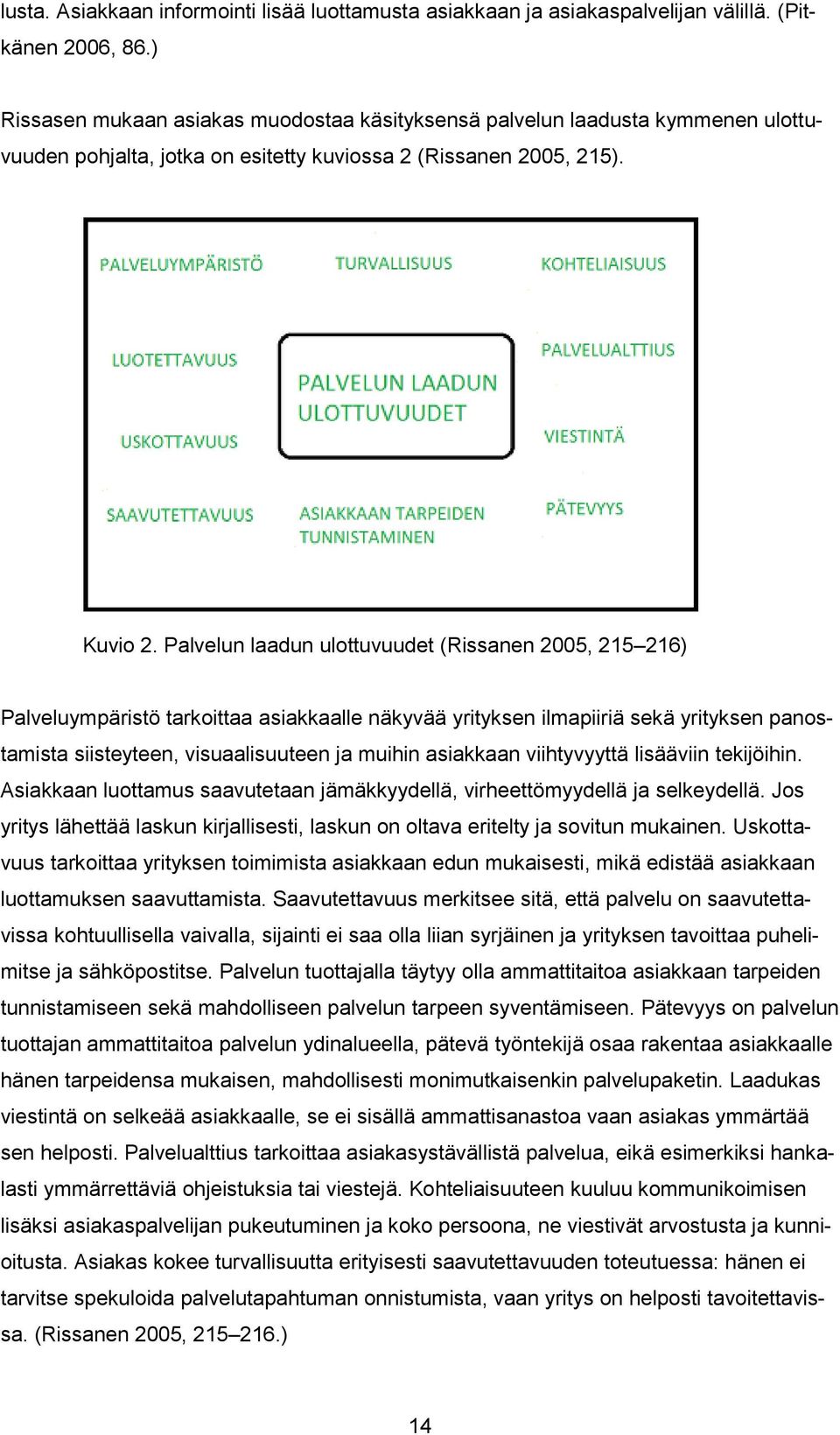 Palvelun laadun ulottuvuudet (Rissanen 2005, 215 216) Palveluympäristö tarkoittaa asiakkaalle näkyvää yrityksen ilmapiiriä sekä yrityksen panostamista siisteyteen, visuaalisuuteen ja muihin asiakkaan