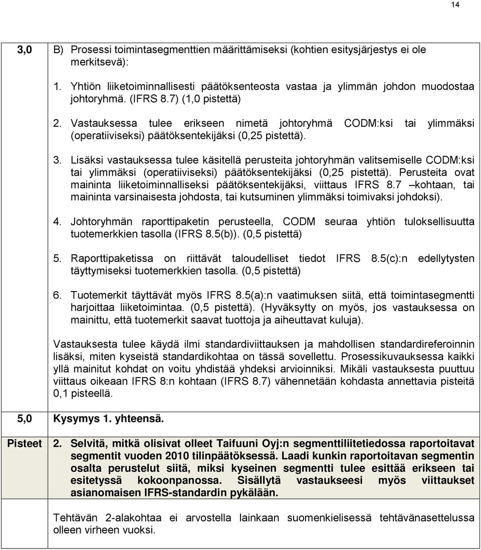 Lisäksi vastauksessa tulee käsitellä perusteita johtoryhmän valitsemiselle CODM:ksi tai ylimmäksi (operatiiviseksi) päätöksentekijäksi (0,25 pistettä).