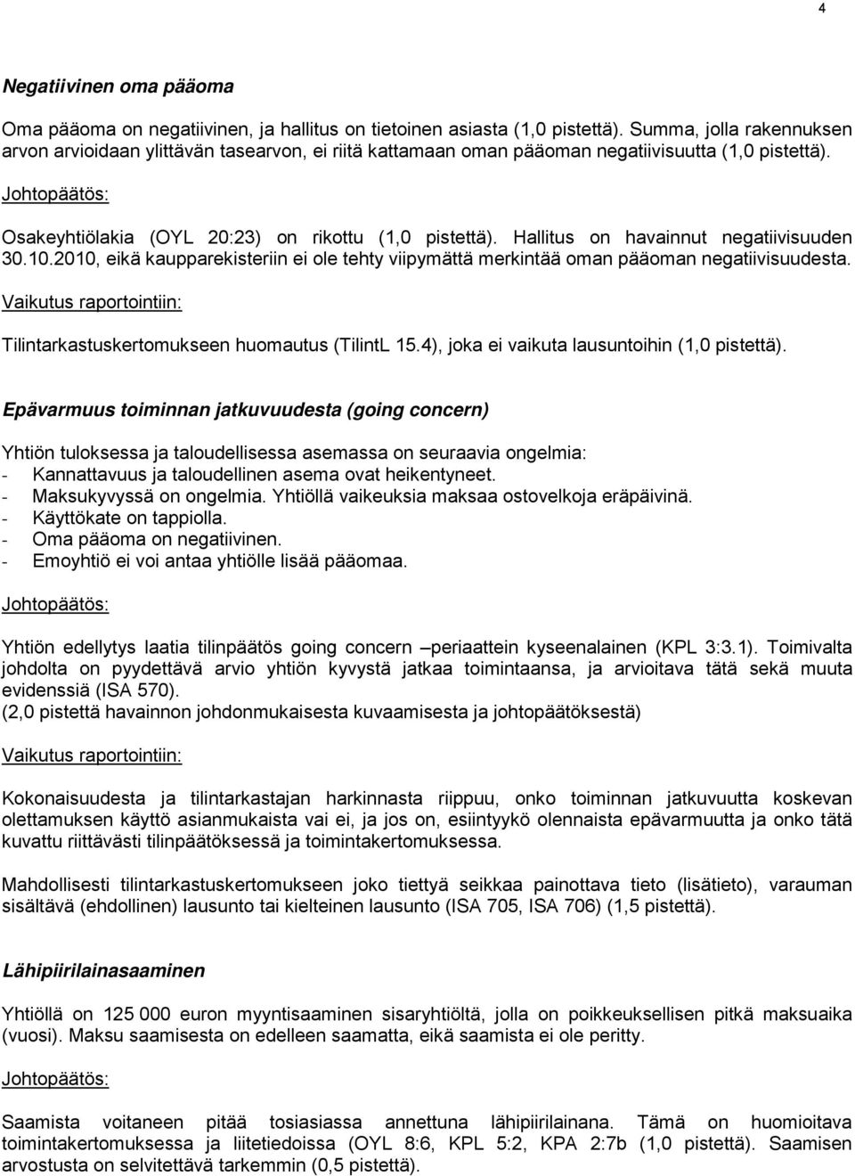 Hallitus on havainnut negatiivisuuden 30.10.2010, eikä kaupparekisteriin ei ole tehty viipymättä merkintää oman pääoman negatiivisuudesta.