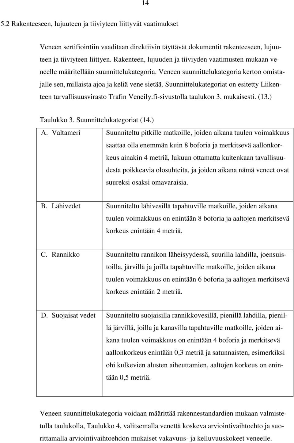 Suunnittelukategoriat on esitetty Liikenteen turvallisuusvirasto Trafin Veneily.fi-sivustolla taulukon 3. mukaisesti. (13.) Taulukko 3. Suunnittelukategoriat (14.) A.