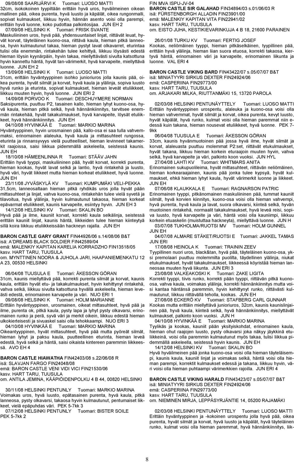 JUN EH 2 07/09/08 HELSINKI K Tuomari: FRISK SVANTE Maskuliininen uros, hyvä pää, yhdensuuntaiset linjat, riittävät leuat, hyvät korvat, täyteläinen kuono-osa, riittävä kaula, hieman pitkä lanneosa,