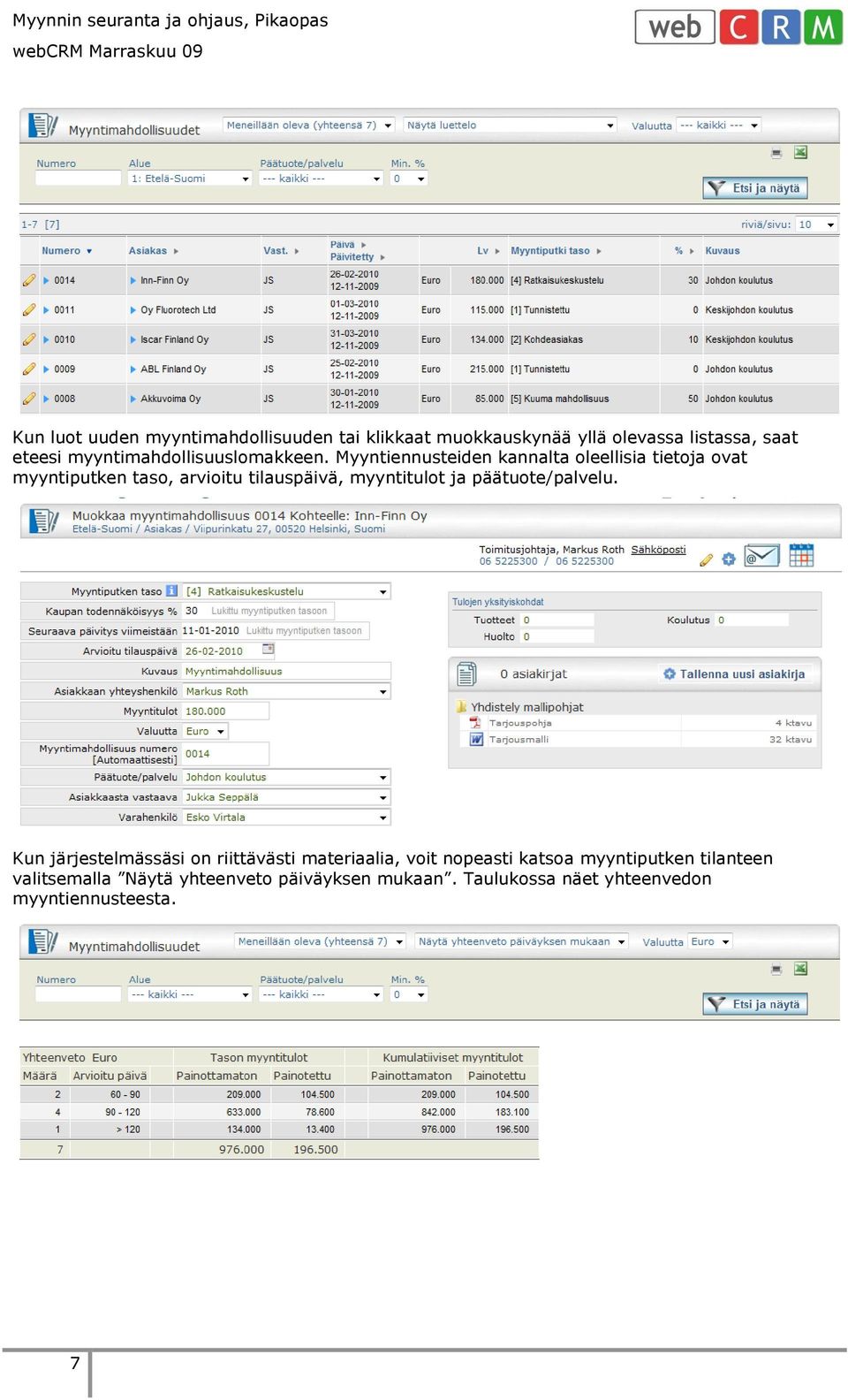 Myyntiennusteiden kannalta oleellisia tietoja ovat myyntiputken taso, arvioitu tilauspäivä, myyntitulot ja