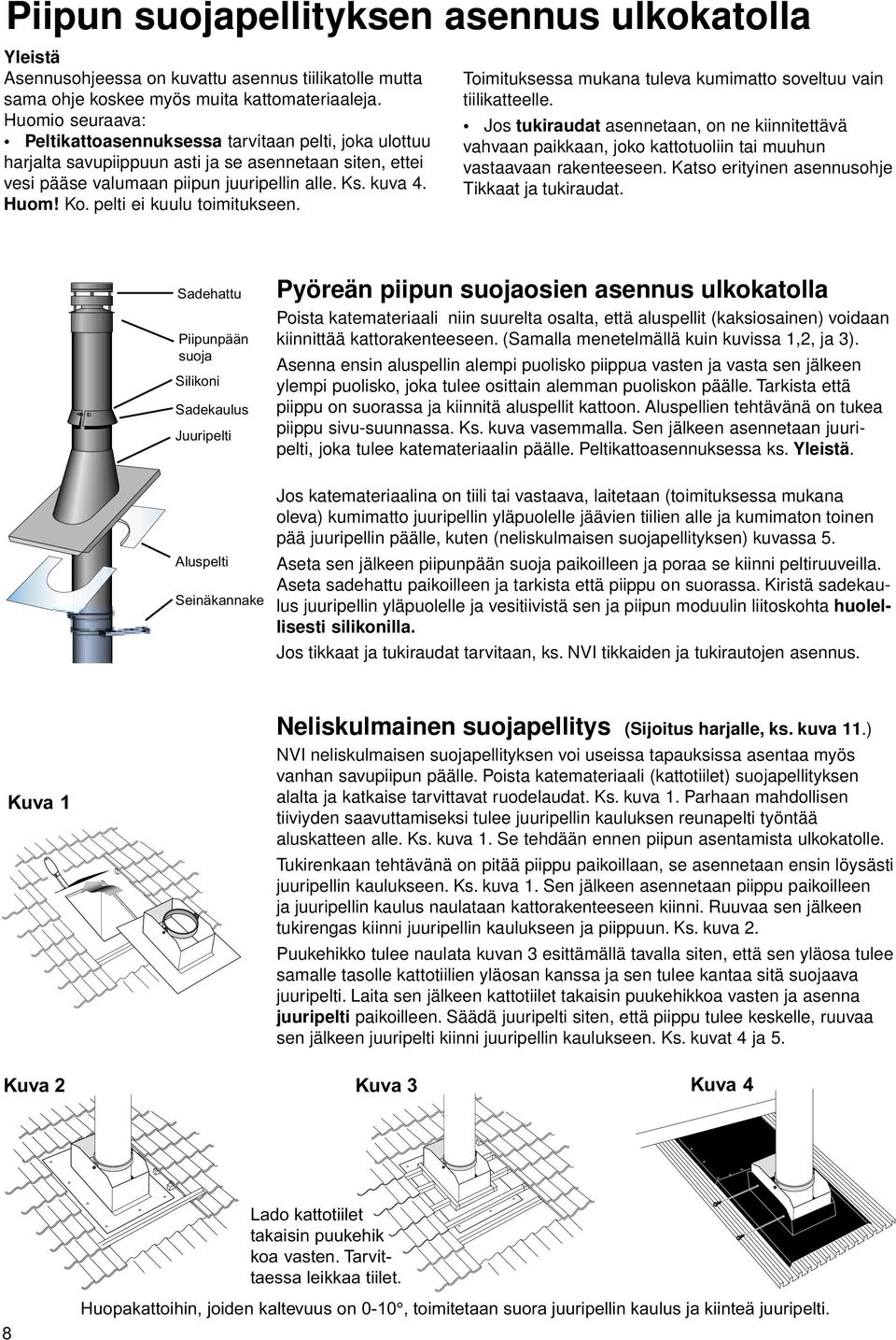 pelti ei kuulu toimitukseen. Toimituksessa mukana tuleva kumimatto soveltuu vain tiilikatteelle.