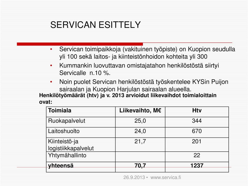 Noin puolet Servican henkilöstöstä työskentelee KYSin Puijon sairaalan ja Kuopion Harjulan sairaalan alueella. Henkilötyömäärät (htv) ja v.