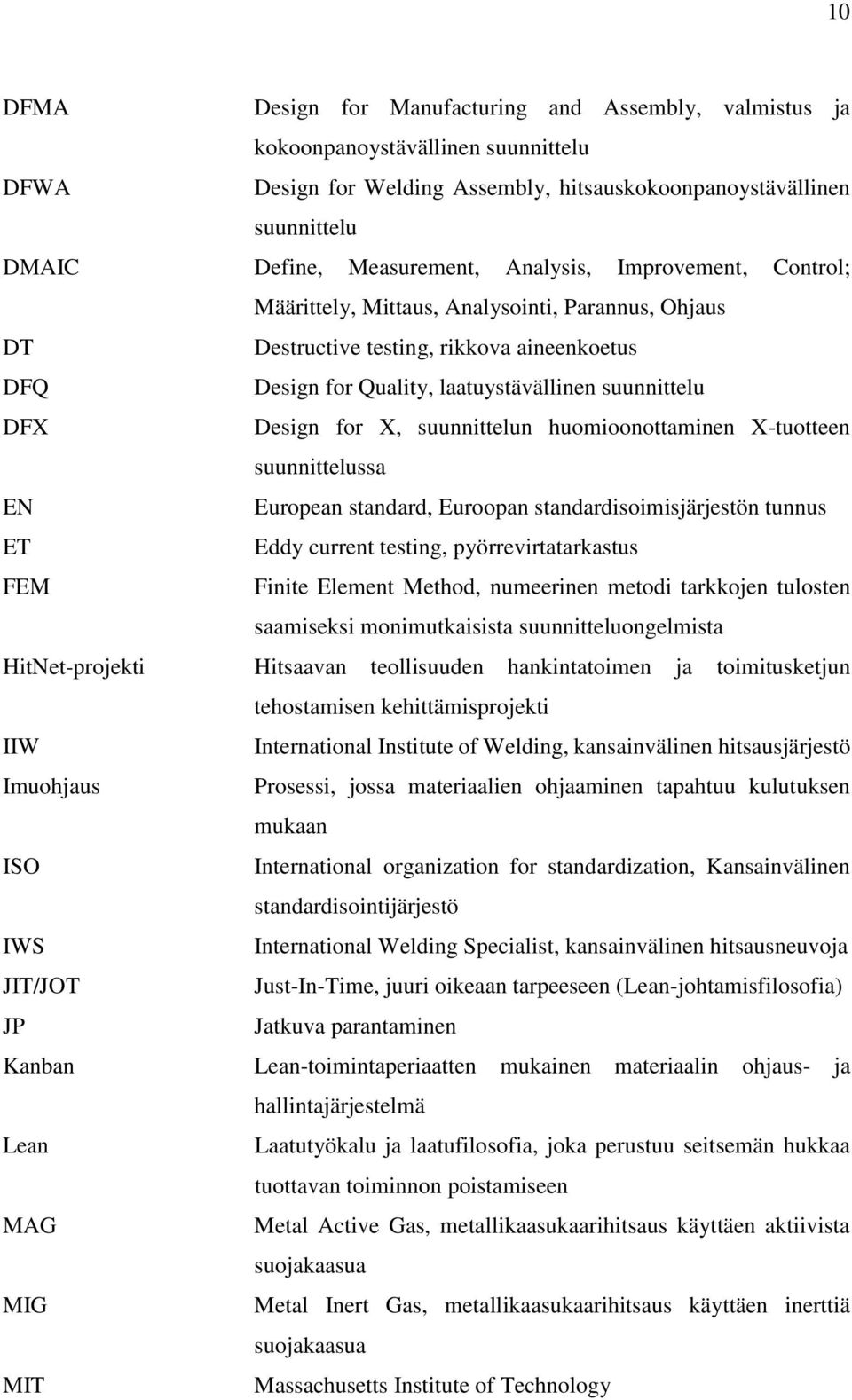 suunnittelun huomioonottaminen X-tuotteen suunnittelussa EN European standard, Euroopan standardisoimisjärjestön tunnus ET Eddy current testing, pyörrevirtatarkastus FEM Finite Element Method,