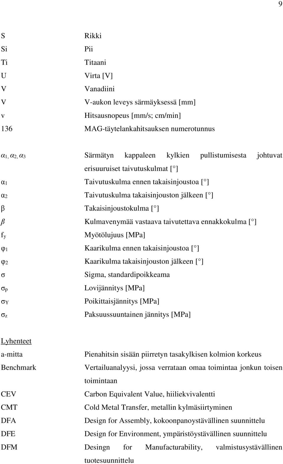 taivutettava ennakkokulma [ ] fy Myötölujuus [MPa] φ1 Kaarikulma ennen takaisinjoustoa [ ] φ2 Kaarikulma takaisinjouston jälkeen [ ] σ Sigma, standardipoikkeama σp σy σz Lovijännitys [MPa]