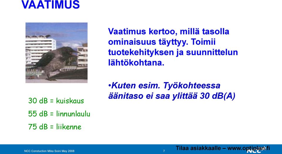 30 db = kuiskaus 55 db = linnunlaulu 75 db = liikenne Kuten esim.